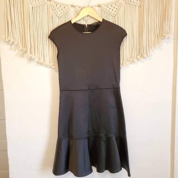 THEORY Black Essential Flare A Line Satin Flouncy Mini Ruffle Dress sz 10 - Picture 3 of 9